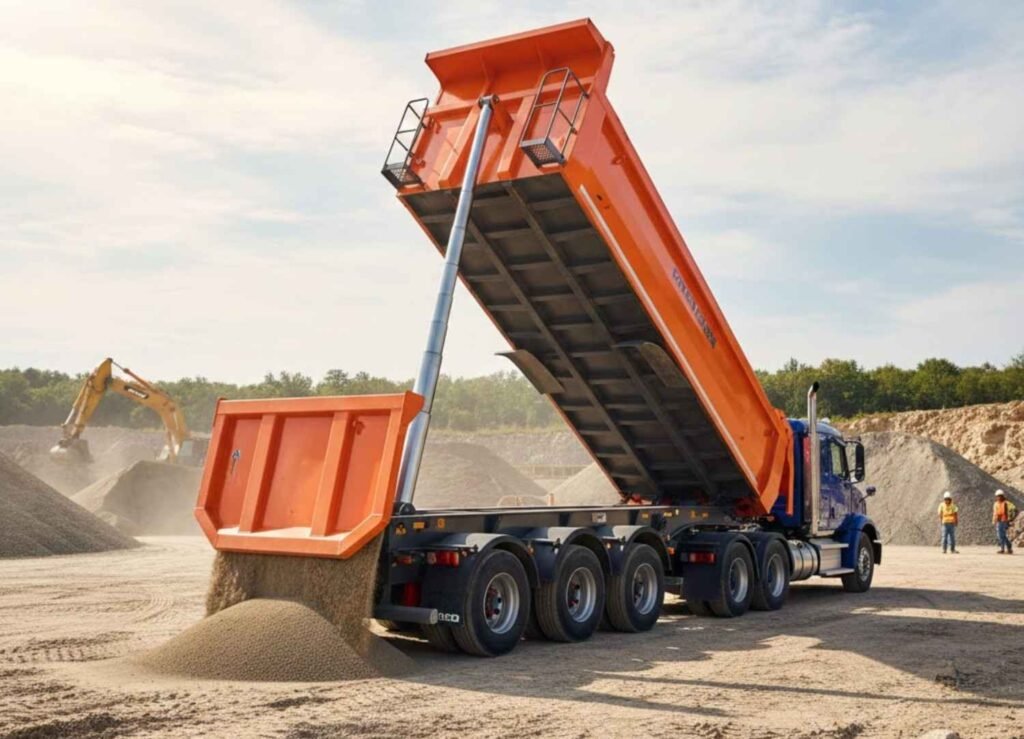 Large orange dump trailer attached to a semi-truck, fully raised by a hydraulic lift to dump a pile of gravel onto a construction site
