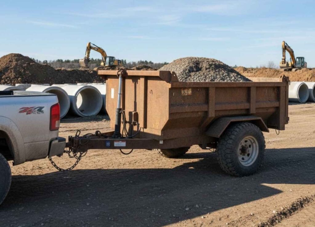 Small, rusty, single-axle dump trailer loaded with gravel and connected to the back of a pickup truck at a construction site.