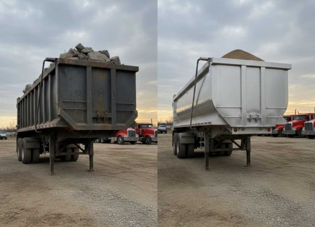 Split image showing two dump trailers side-by-side: on the left is a dark, steel dump trailer loaded with large rocks, and on the right is a silver, aluminum dump trailer loaded with sand or fine gravel.