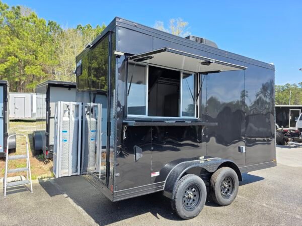 Deluxe 7×14 Concession Trailer – Black | 7'6" Interior | Full Kitchen Setup | 50 AMP | A/C | Fire Suppression