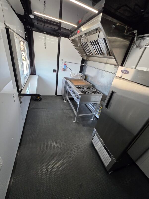 Deluxe 7×14 Concession Trailer – Black | 7'6" Interior | Full Kitchen Setup | 50 AMP | A/C | Fire Suppression