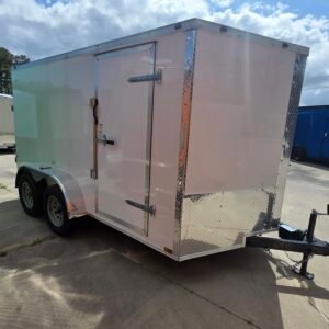 7×12 Enclosed Cargo Trailer for Sale – White | 6' Interior | Double Doors | 3500 lb Axles