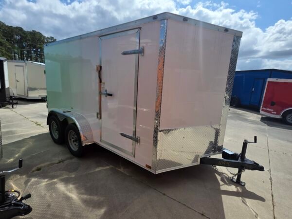 7×12 Enclosed Cargo Trailer for Sale – White | 6' Interior | Double Doors | 3500 lb Axles