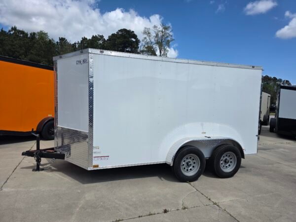 7×12 Enclosed Cargo Trailer for Sale – White | 6' Interior | Double Doors | 3500 lb Axles