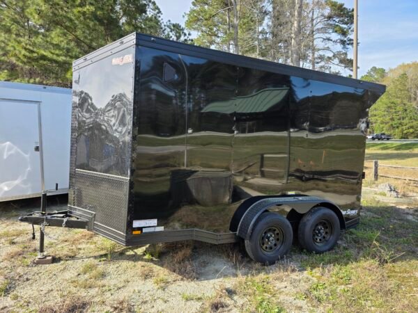 7×12 Cargo Trailer for Sale – Black | 7' Interior | 3500 lb Axles | Rear Ramp w/ Flap | D-Rings | Side Door