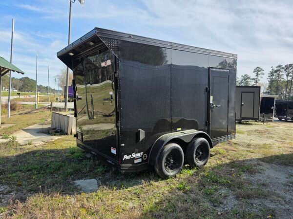7×12 Cargo Trailer for Sale – Black | 7' Interior | 3500 lb Axles | Rear Ramp w/ Flap | D-Rings | Side Door