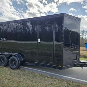 7×16 Cargo Trailer for Sale – Black | 7' Interior | Heavy Duty 5200 lb Axles | Rear Ramp w/ Wing Lights
