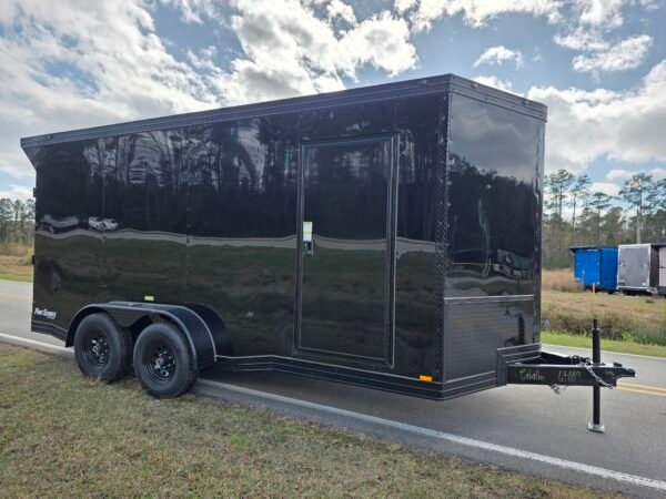 7×16 Cargo Trailer for Sale – Black | 7' Interior | Heavy Duty 5200 lb Axles | Rear Ramp w/ Wing Lights