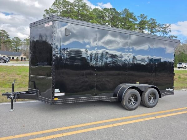 7×16 Cargo Trailer for Sale – Black | 7' Interior | Heavy Duty 5200 lb Axles | Rear Ramp w/ Wing Lights