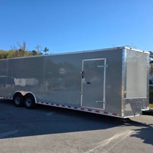 8.5×28 Enclosed Car Hauler for Sale – Dove Gray | 7' Interior | Rear Ramp w/ Spring Assist