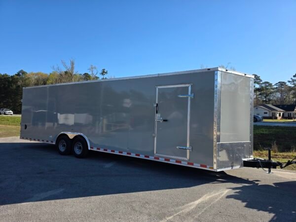 8.5×28 Enclosed Car Hauler for Sale – Dove Gray | 7' Interior | Rear Ramp w/ Spring Assist