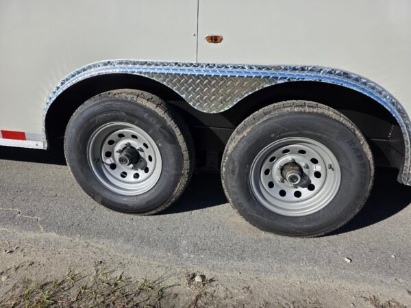8.5×28 Enclosed Car Hauler for Sale – Dove Gray | 7' Interior | Rear Ramp w/ Spring Assist