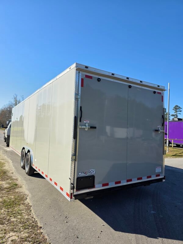 8.5×28 Enclosed Car Hauler for Sale – Dove Gray | 7' Interior | Rear Ramp w/ Spring Assist