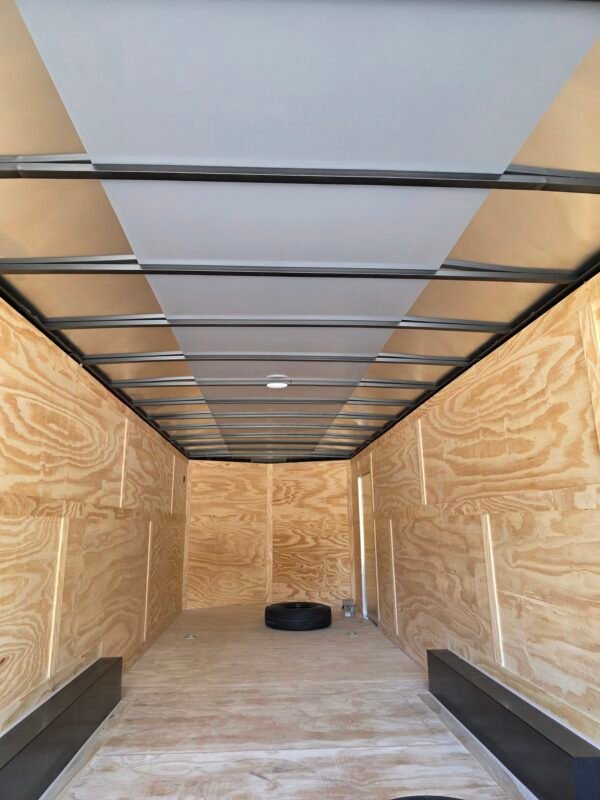 8.5×28 Enclosed Car Hauler for Sale – Dove Gray | 7' Interior | Rear Ramp w/ Spring Assist