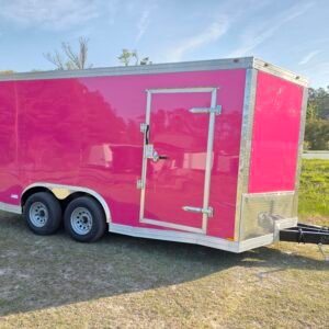 8.5×16 Enclosed Car Hauler for Sale – Pink | 6'6" Interior | Spring Assist Ramp | Side Door