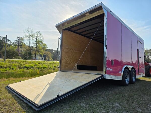 8.5×16 Enclosed Car Hauler for Sale – Pink | 6'6" Interior | Spring Assist Ramp | Side Door