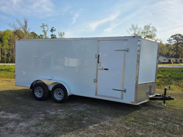 7×16 Enclosed Cargo Trailer for Sale – White | 6' Interior | Double Doors | 3500 lb Axles