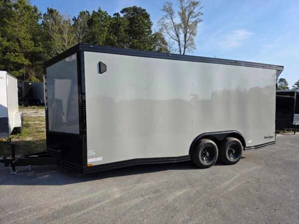 8.5×18 Enclosed Car Hauler for Sale – Dove Gray | 7' Interior | Rear Ramp w/ Spring Assist