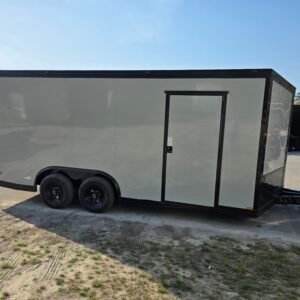 8.5×18 Enclosed Car Hauler for Sale – Dove Gray | 7' Interior | Rear Ramp w/ Spring Assist