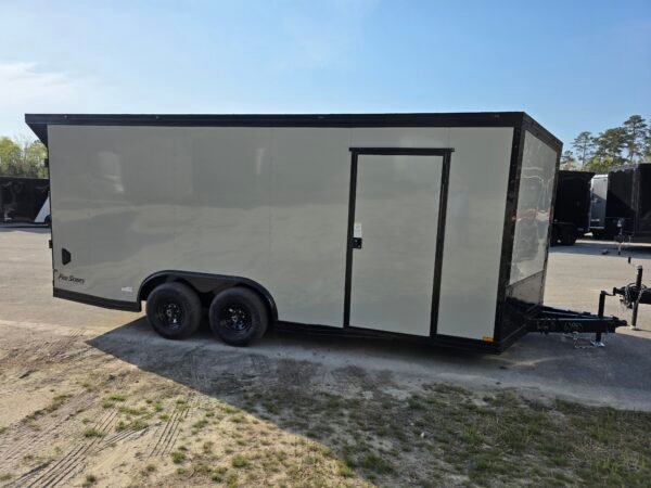 8.5×18 Enclosed Car Hauler for Sale – Dove Gray | 7' Interior | Rear Ramp w/ Spring Assist
