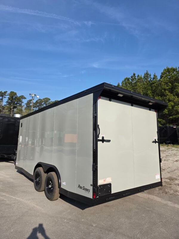 8.5×18 Enclosed Car Hauler for Sale – Dove Gray | 7' Interior | Rear Ramp w/ Spring Assist