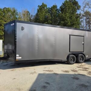 8.5×24 Enclosed Car Hauler for Sale – Charcoal Gray | 7' Interior | Extended Tongue | Spring Assist Ramp