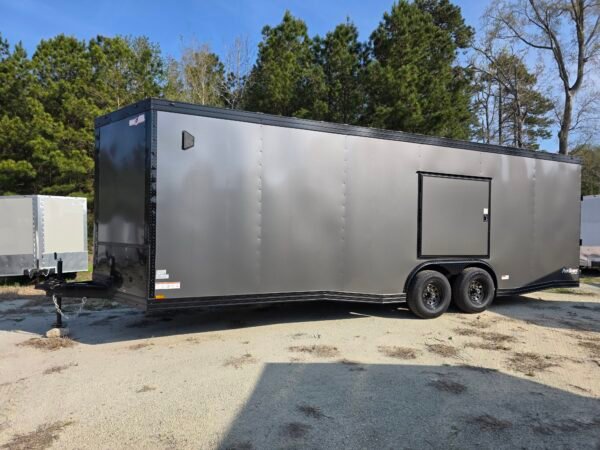 8.5×24 Enclosed Car Hauler for Sale – Charcoal Gray | 7' Interior | Extended Tongue | Spring Assist Ramp