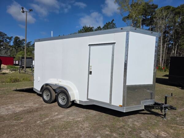 7×14 Enclosed Cargo Trailer for Sale – White | 7' Interior | Ramp Door | 3500 lb Axles