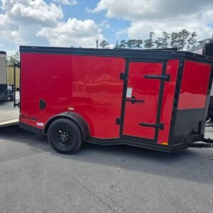 5×10 Cargo Trailer for Sale – Red | 5' Interior | 2990 lb Axle | Rear Ramp Door | Side Entry
