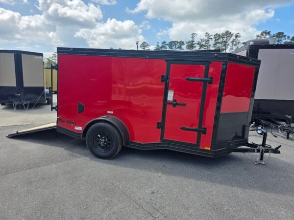 5×10 Cargo Trailer for Sale – Red | 5' Interior | 2990 lb Axle | Rear Ramp Door | Side Entry