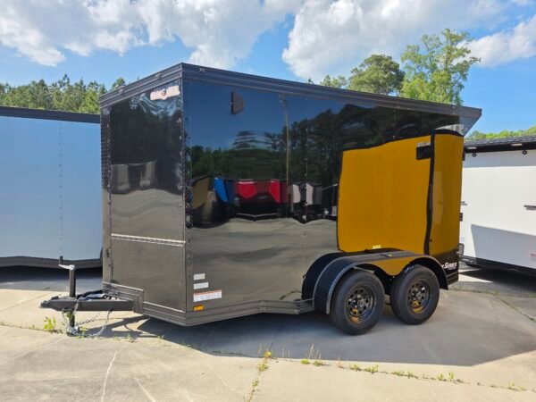 6×12 Cargo Trailer for Sale – Black | 7' Interior | Rear Ramp w/ Flap | D-Rings | Side Door