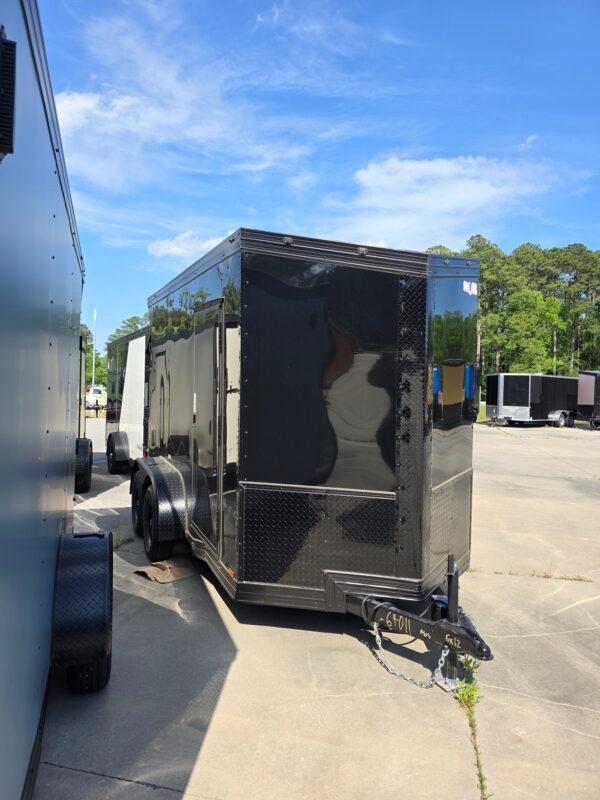6×12 Cargo Trailer for Sale – Black | 7' Interior | Rear Ramp w/ Flap | D-Rings | Side Door