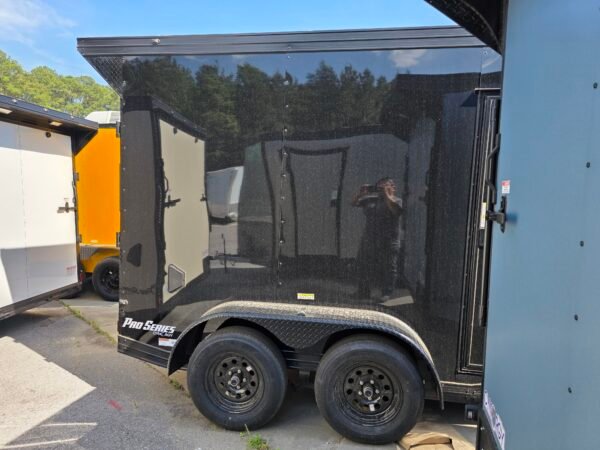 6×12 Cargo Trailer for Sale – Black | 7' Interior | Rear Ramp w/ Flap | D-Rings | Side Door