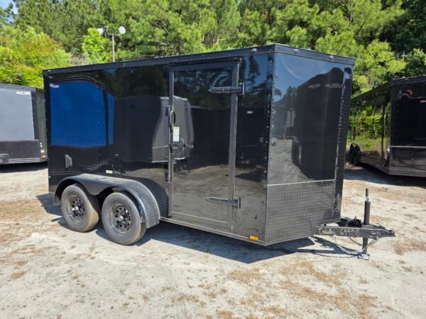 6×12 Cargo Trailer for Sale – Black | 6' Interior | Rear Ramp w/ Flap | Side Door