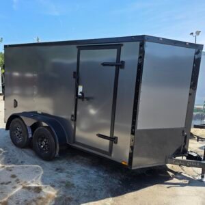 6×12 Cargo Trailer for Sale – Charcoal Gray | 6' Interior | 3500 lb Axles | Rear Ramp w/ Flap | Side Door