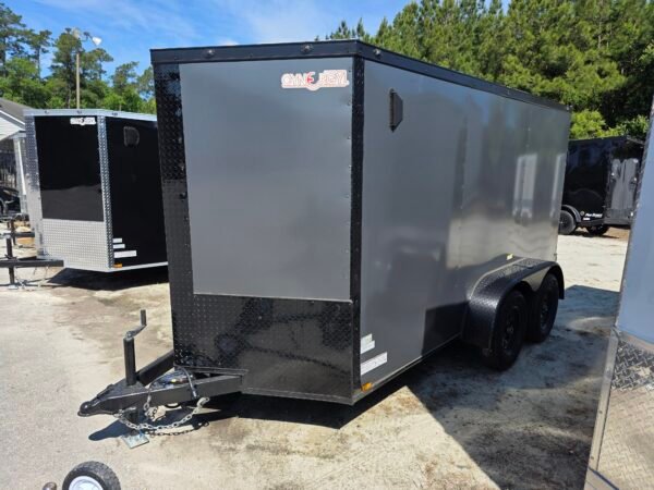 6×12 Cargo Trailer for Sale – Charcoal Gray | 6' Interior | 3500 lb Axles | Rear Ramp w/ Flap | Side Door