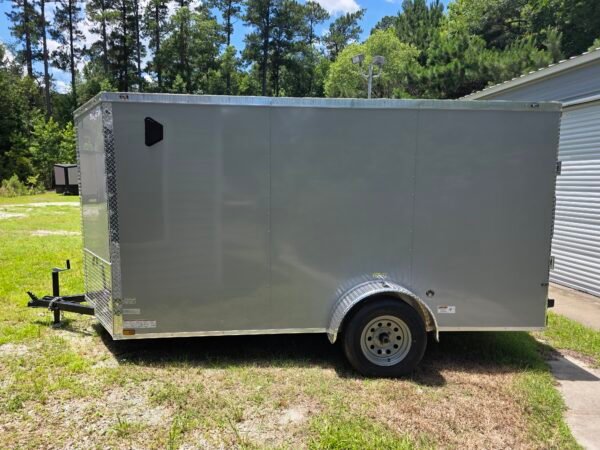 6×12 Enclosed Cargo Trailer for Sale – Dove Gray | Rear Ramp Door | 3500 lb Axles | 6' Interior