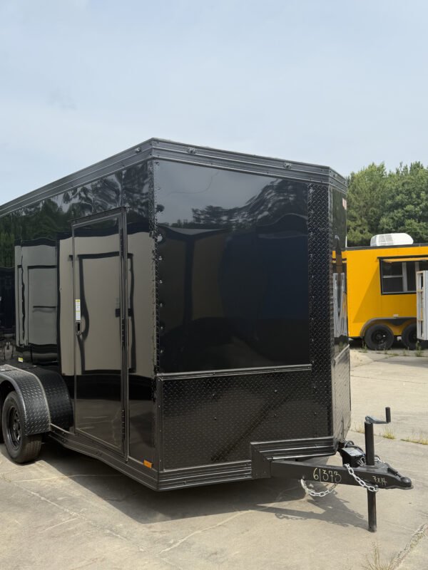 7×14 Enclosed Cargo Trailer for Sale – Black | 7' Interior | 4 D-Rings | 3500 lb Axles