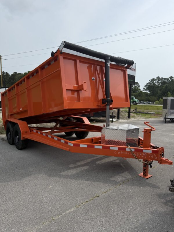 7×16 Dump Trailer for Sale – Orange | 4' Sides | 14 Ply Tires | Rear Double Doors | Spread Gate
