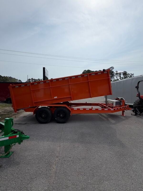 7×16 Dump Trailer for Sale – Orange | 4' Sides | 14 Ply Tires | Rear Double Doors | Spread Gate