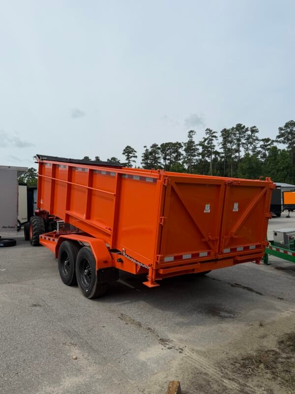 7×16 Dump Trailer for Sale – Orange | 4' Sides | 14 Ply Tires | Rear Double Doors | Spread Gate