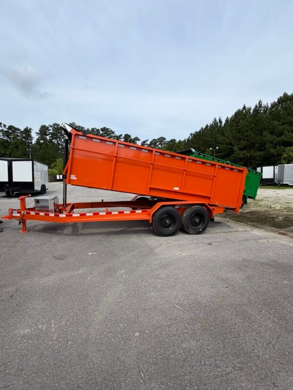 7×16 Dump Trailer for Sale – Orange | 4' Sides | 14 Ply Tires | Rear Double Doors | Spread Gate