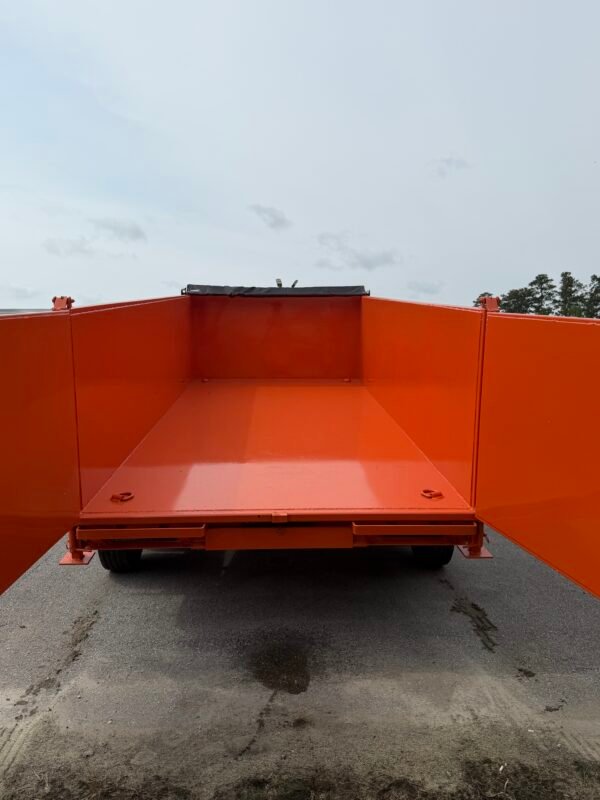 7×16 Dump Trailer for Sale – Orange | 4' Sides | 14 Ply Tires | Rear Double Doors | Spread Gate