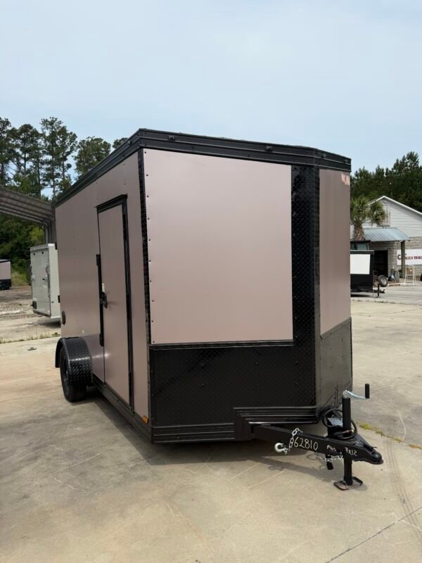 7×12 Enclosed Cargo Trailer for Sale – Rose Metallic | 7' Interior | Rear Ramp | 3500 lb Axles