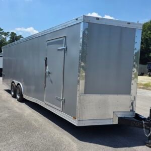 8.5×24 Enclosed Car Hauler for Sale – Silver | 7' Interior | Rear Wing | Heavy-Duty Trailer