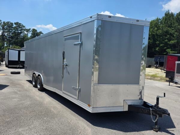 8.5×24 Enclosed Car Hauler for Sale – Silver | 7' Interior | Rear Wing | Heavy-Duty Trailer