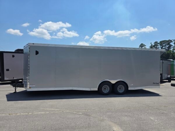 8.5×24 Enclosed Car Hauler for Sale – Silver | 7' Interior | Rear Wing | Heavy-Duty Trailer