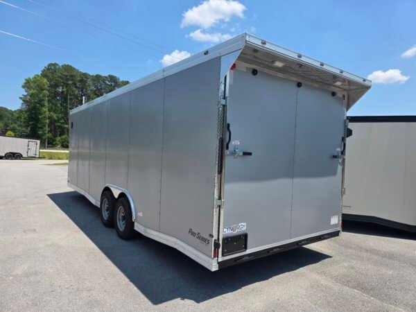 8.5×24 Enclosed Car Hauler for Sale – Silver | 7' Interior | Rear Wing | Heavy-Duty Trailer