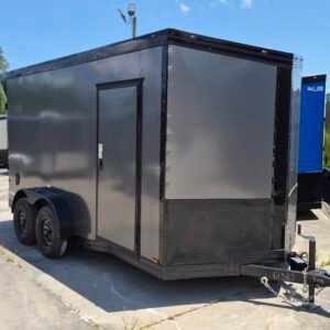 7×14 Enclosed Cargo Trailer for Sale – Charcoal Gray | 7' Interior | Rear Ramp | 3500 lb Axles