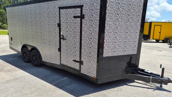 8.5×20 Enclosed Car Hauler for Sale – Camouflage | Extended Tongue | Ramp Door | 7' Interior